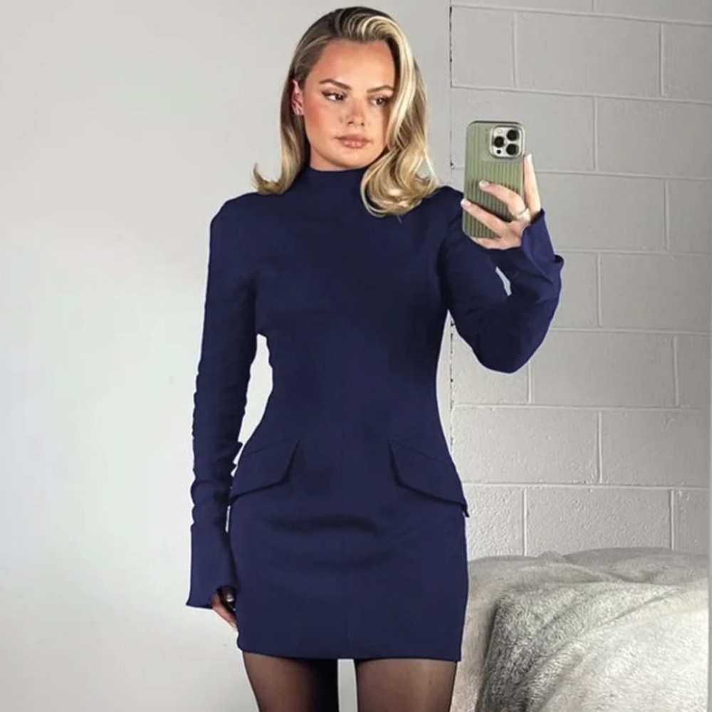 House of CB M TALL 'Mahalia' Navy Long Sleeve Mini Dress NWOT size M TALL - Picture 2 of 16